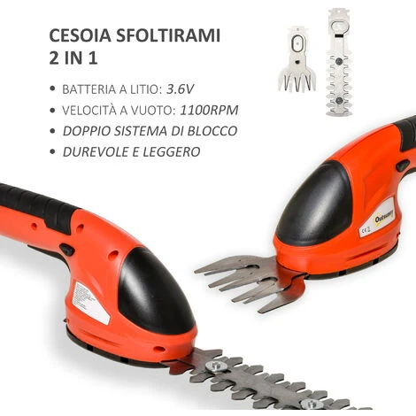 Outsunny Cesoia Sfoltirami 2 In 1 Con Batteria 3.6V Ricaricabile, Tagliaerba E Decespugliatore Senza Fili Da Giardino Con 2 Lame - Rosso 4 Outsunny Cesoia Sfoltirami 2 In 1 Con Batteria 3.6V Ricaricabile, Tagliaerba E Decespugliatore Senza Fili Da Giardino Con 2 Lame - Rosso - immagine 4
